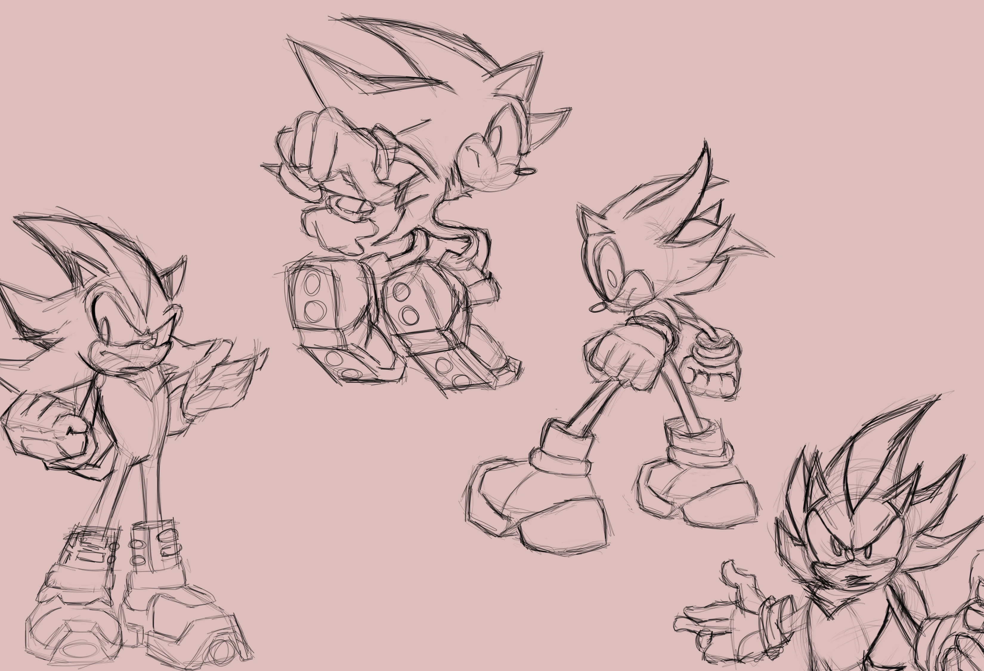 Four sketched of the anthropomorphic video game character character Shadow the Hedgehog in various poses on a off-pink backgrounc