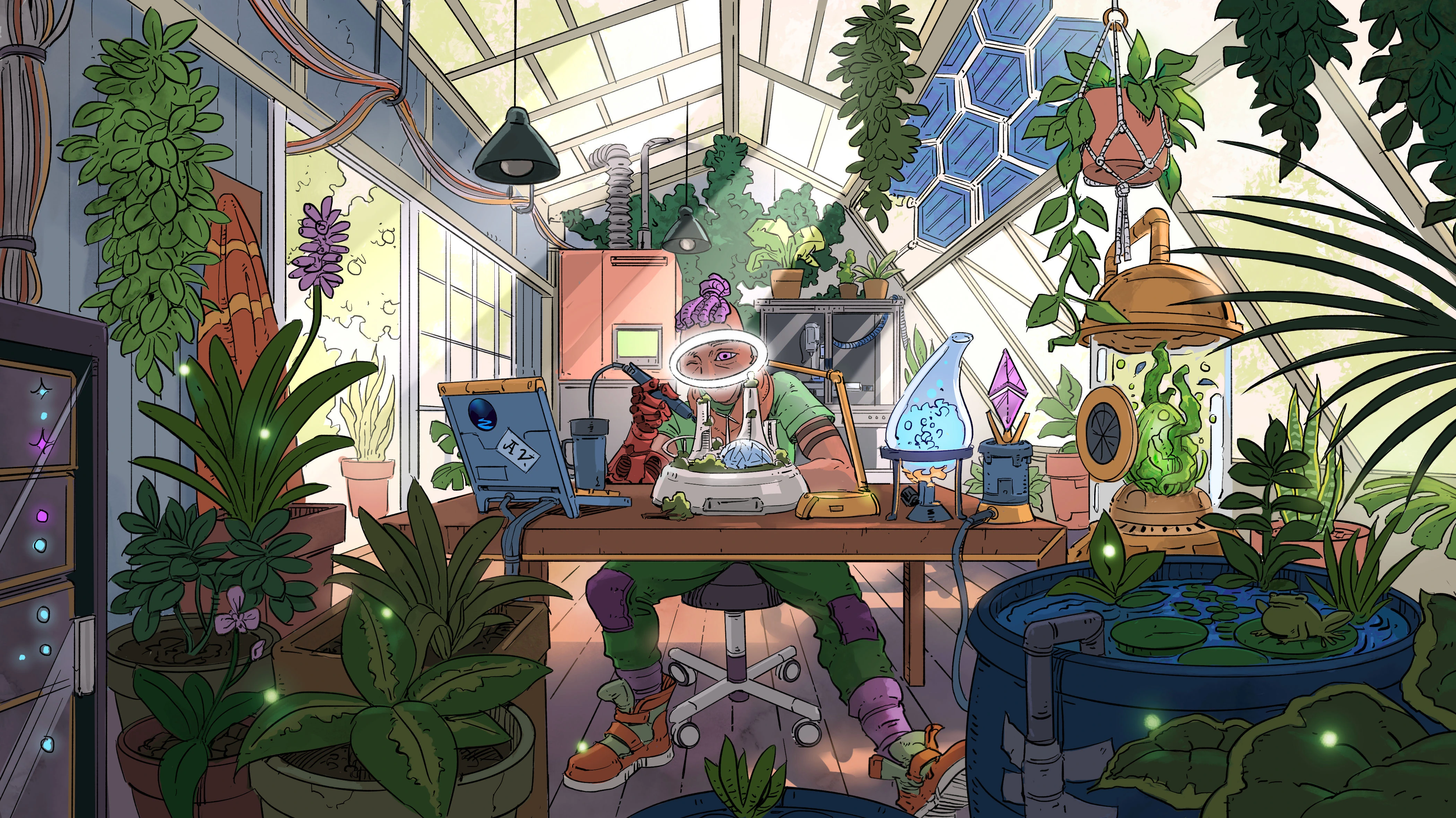 An illustration of a character with a robotic prosthetic arm tinkering on a micro city model in a solarpunk labratory filled with plants, solar panels on the roof, light beaming in, and some computer and electronics carefully and intentionally sharing space with everything else.