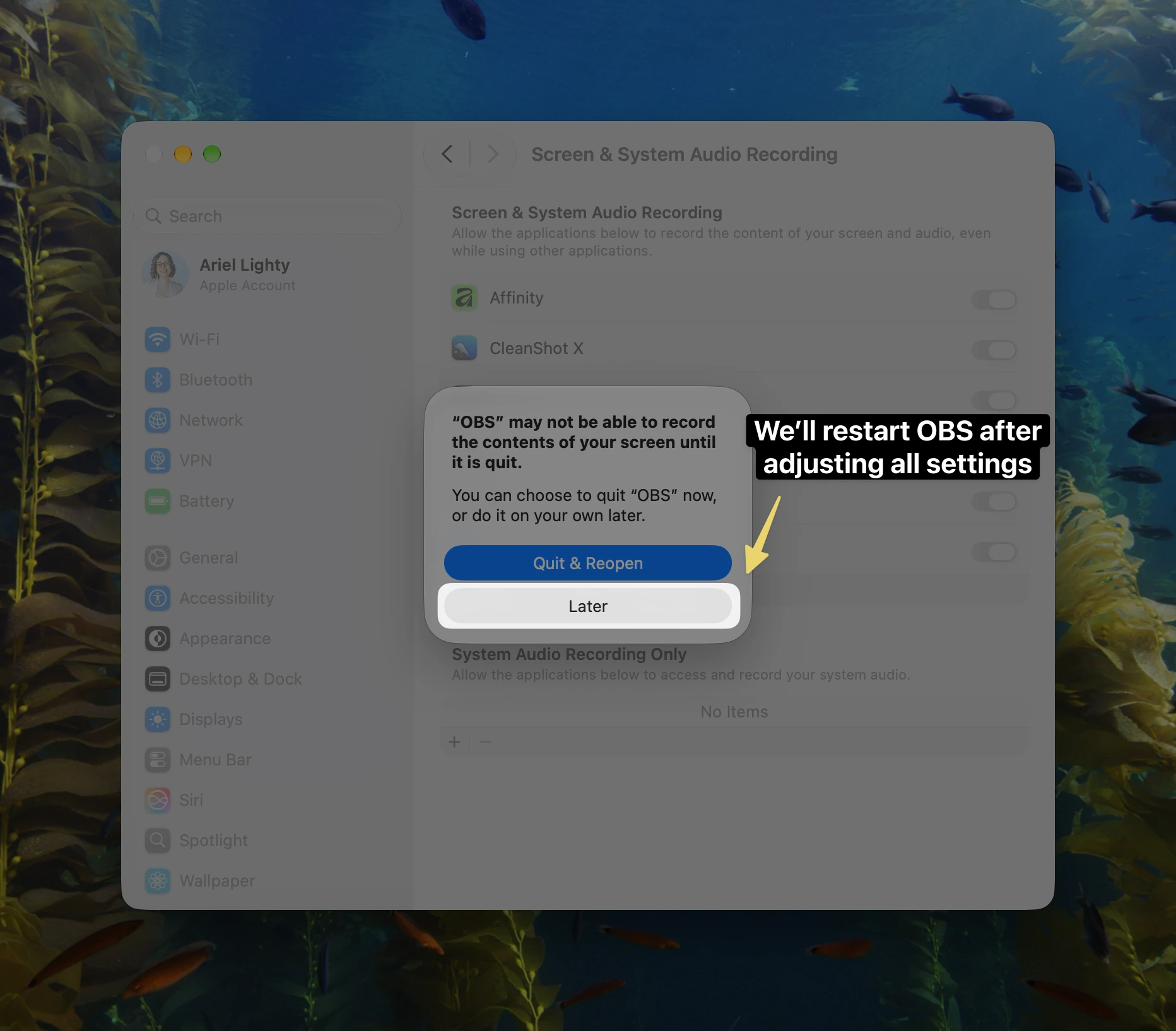 macOS prompt asking to quit and reopen OBS after changing screen recording permissions, with an arrow pointing to select "Later" to continue adjusting settings first.