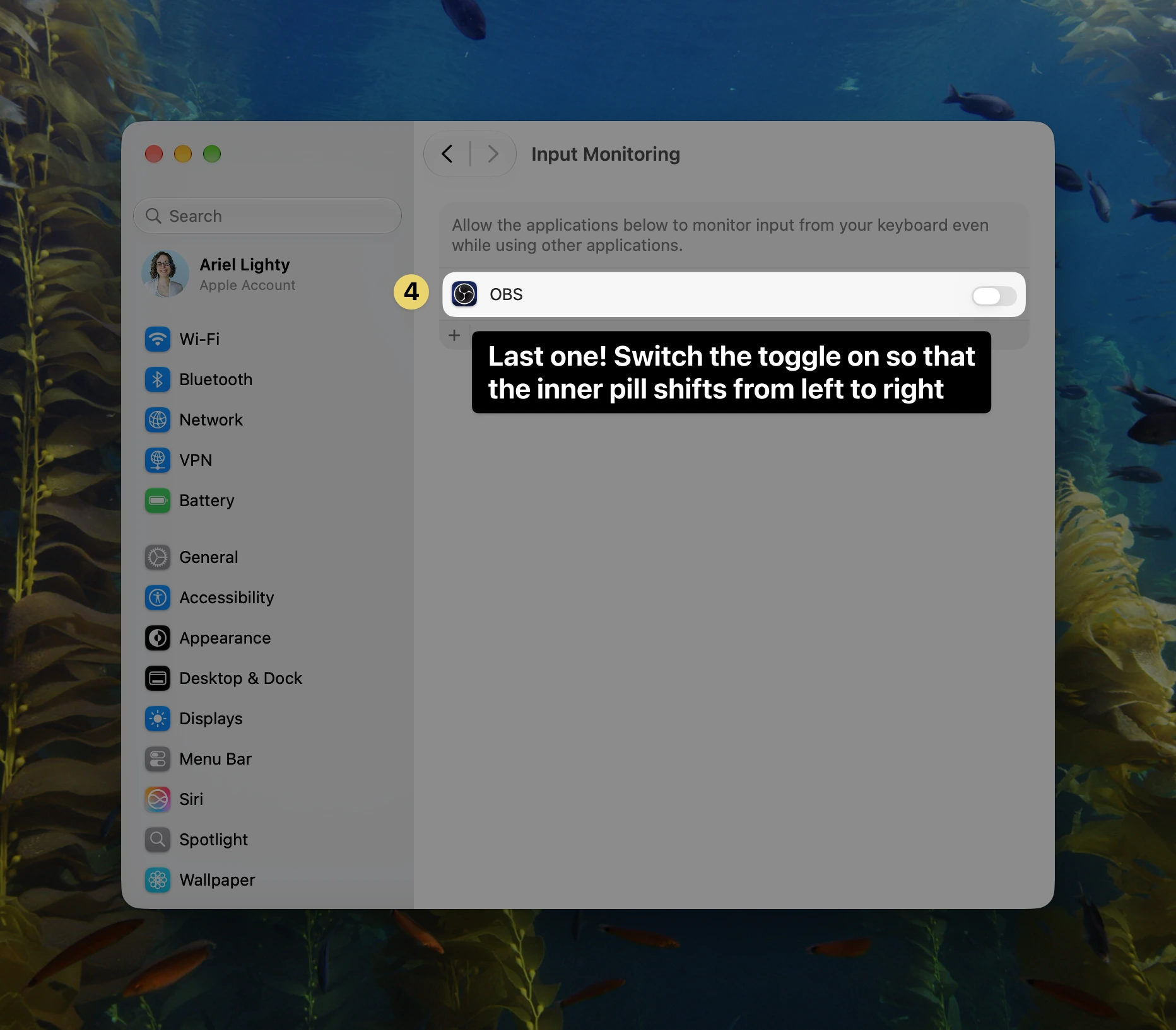 macOS Input Monitoring settings window highlighting step 4 next to the OBS toggle, with an annotation instructing to enable the toggle.