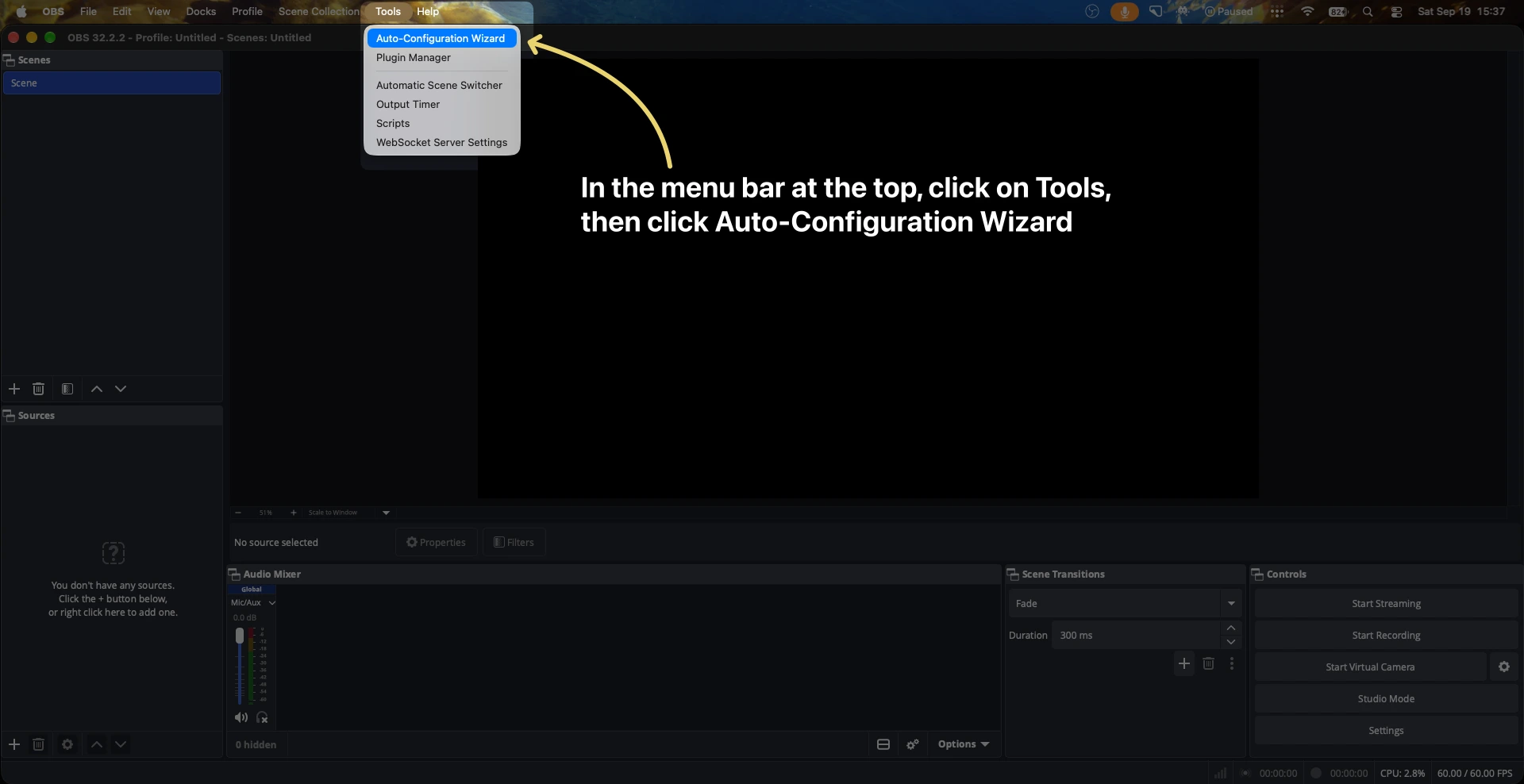 OBS Studio main window showing an open Tools drop-down menu with an arrow highlighting the "Auto-Configuration Wizard" option.