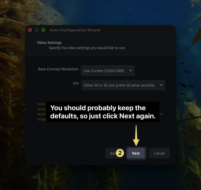 OBS Auto-Configuration Wizard Video Settings screen showing default resolution and FPS selections, with step 2 pointing to the Next button.