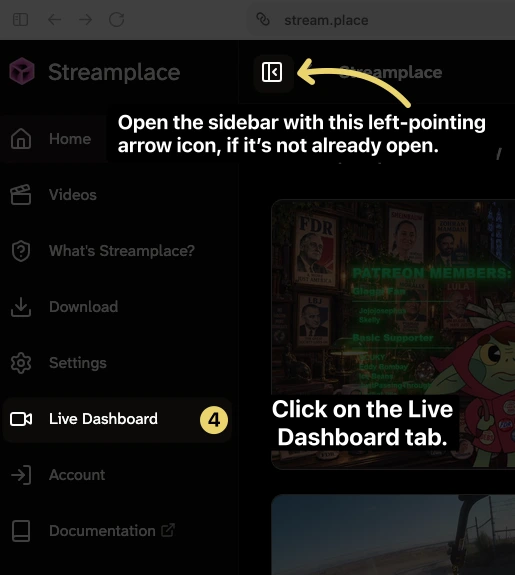 Streamplace website navigation sidebar showing the sidebar toggle icon and step 4 highlighting the "Live Dashboard" tab.