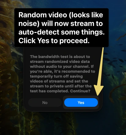 OBS warning prompt asking to perform a bandwidth test using randomized video data, with an arrow pointing to click the highlighted "Yes" button.