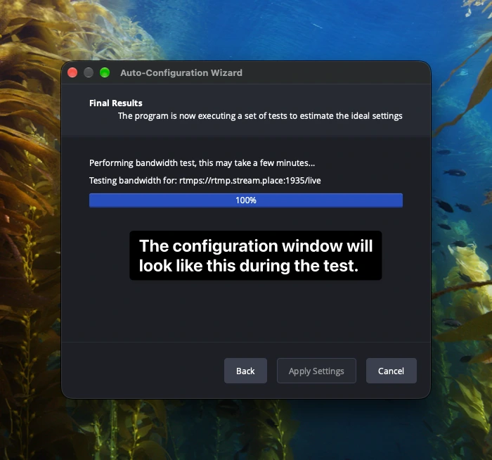 OBS Auto-Configuration Wizard displaying a 100% progress bar while executing tests to estimate ideal streaming settings.