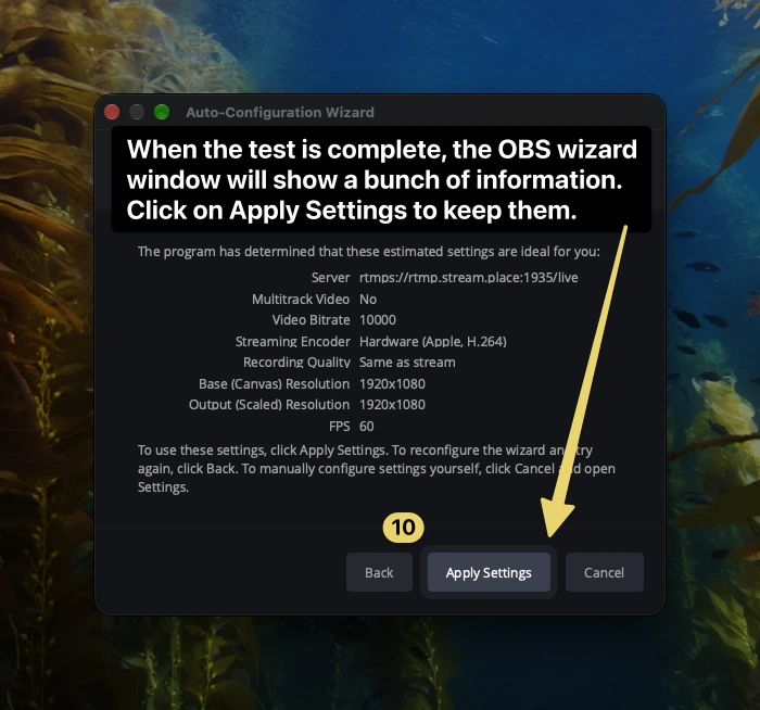 OBS Auto-Configuration Wizard final results screen showing ideal estimated settings, labeled step 10 with an arrow pointing to the "Apply Settings" button.