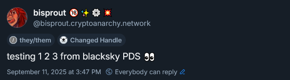 test skeet saying "testing 1 2 3 from blacksky PDS" from the cryptoanarchy.network handle