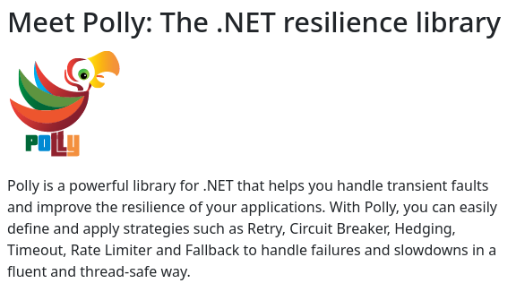 Descrição rápida da polly, uma biblioteca que implementa padrões de projeto relacionados a resiliência para .NET