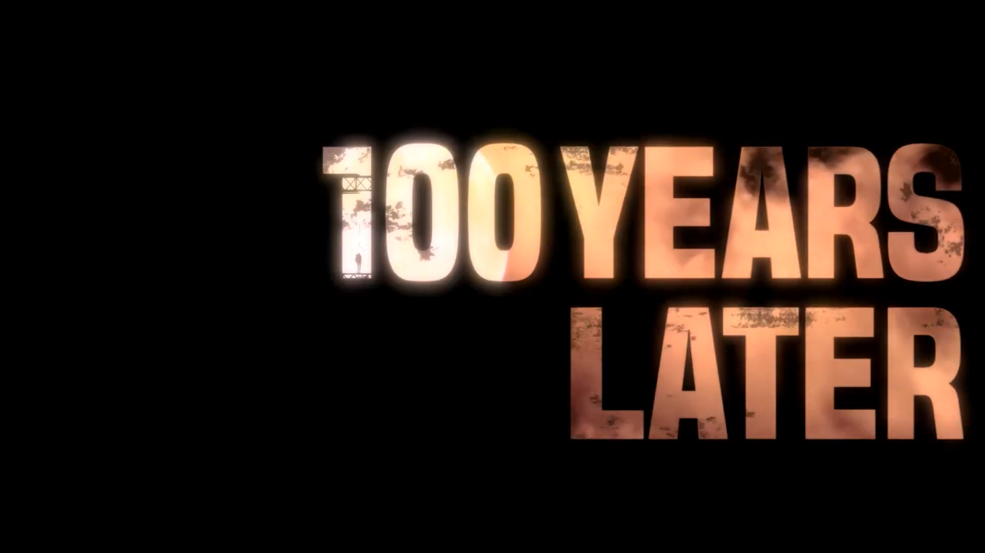 A screenshot featuring bold text on a black background that reads: 100 YEARS LATER. Within the text, the outline of J.J.'s silhouette hangs from a noose in front of a large, glowing moon suspended in a rust-orange sky.