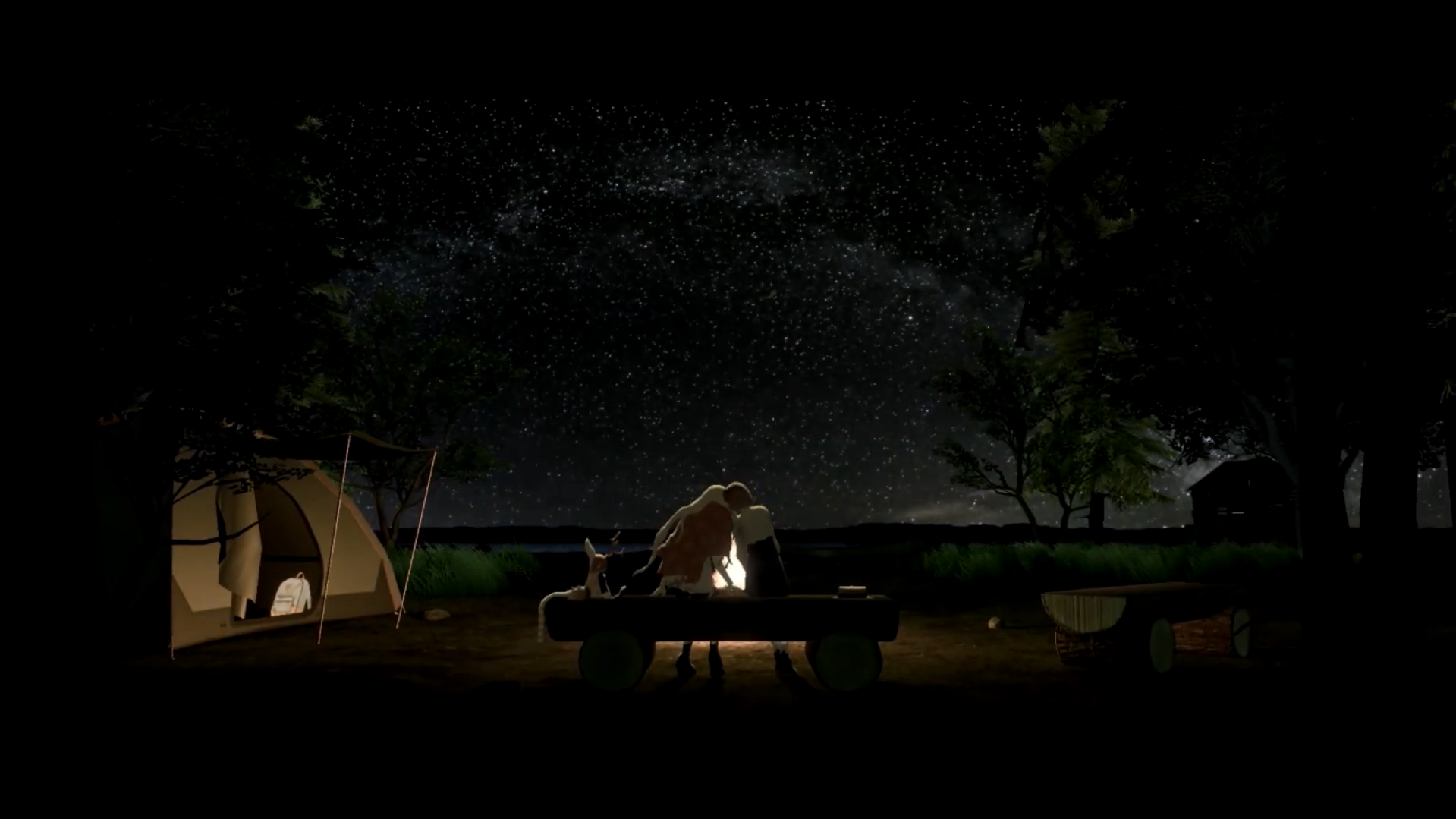 Screenshot of J.J. and Emily seated on a log bench in a campsite near the lakeside, framed by trees. The sky above is full of beautiful stars as they kiss in front of the campfire.