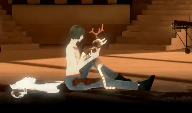 Screenshot from the finale of the game, as J.J. wakes up in the real world. She is seated on the floor of the lecture hall, and holds bloodied F.K. tenderly.