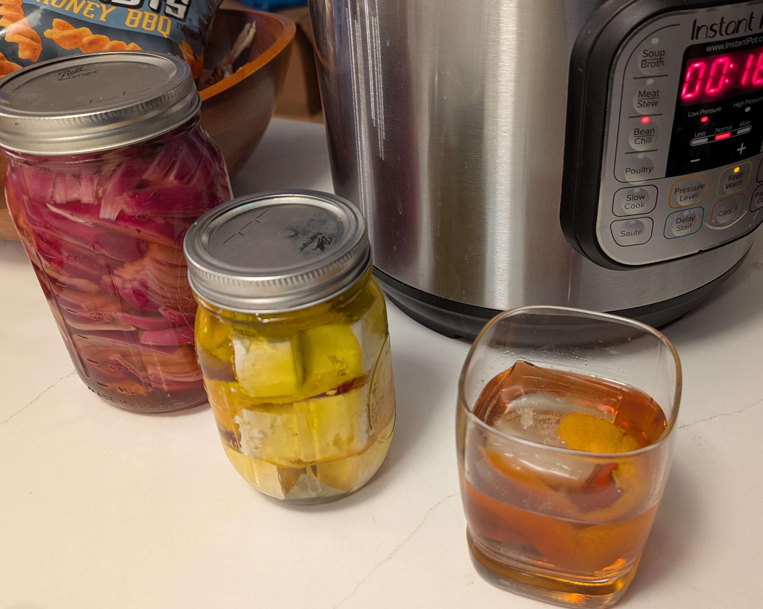 Chili, pickled onions, marinated feta, and an old fashioned for good measure
