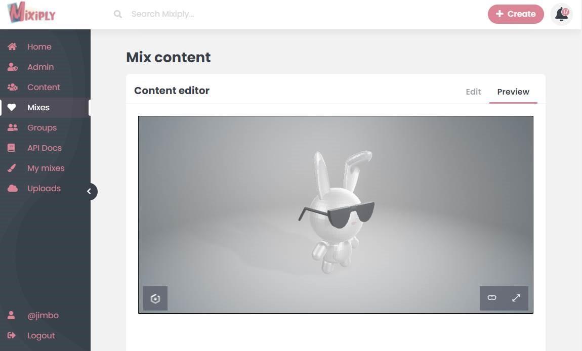 A screenshot of a 3D asset visualiser in Mixiply. The 3D model is a bunny wearing sunglasses.