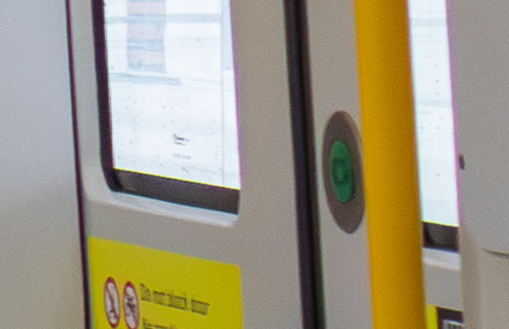 Toronto LRT interior, zoomed in to the Open Door button