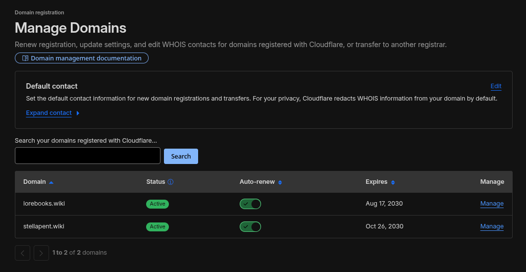 The Cloudflare Registrar manage domains page for the project.