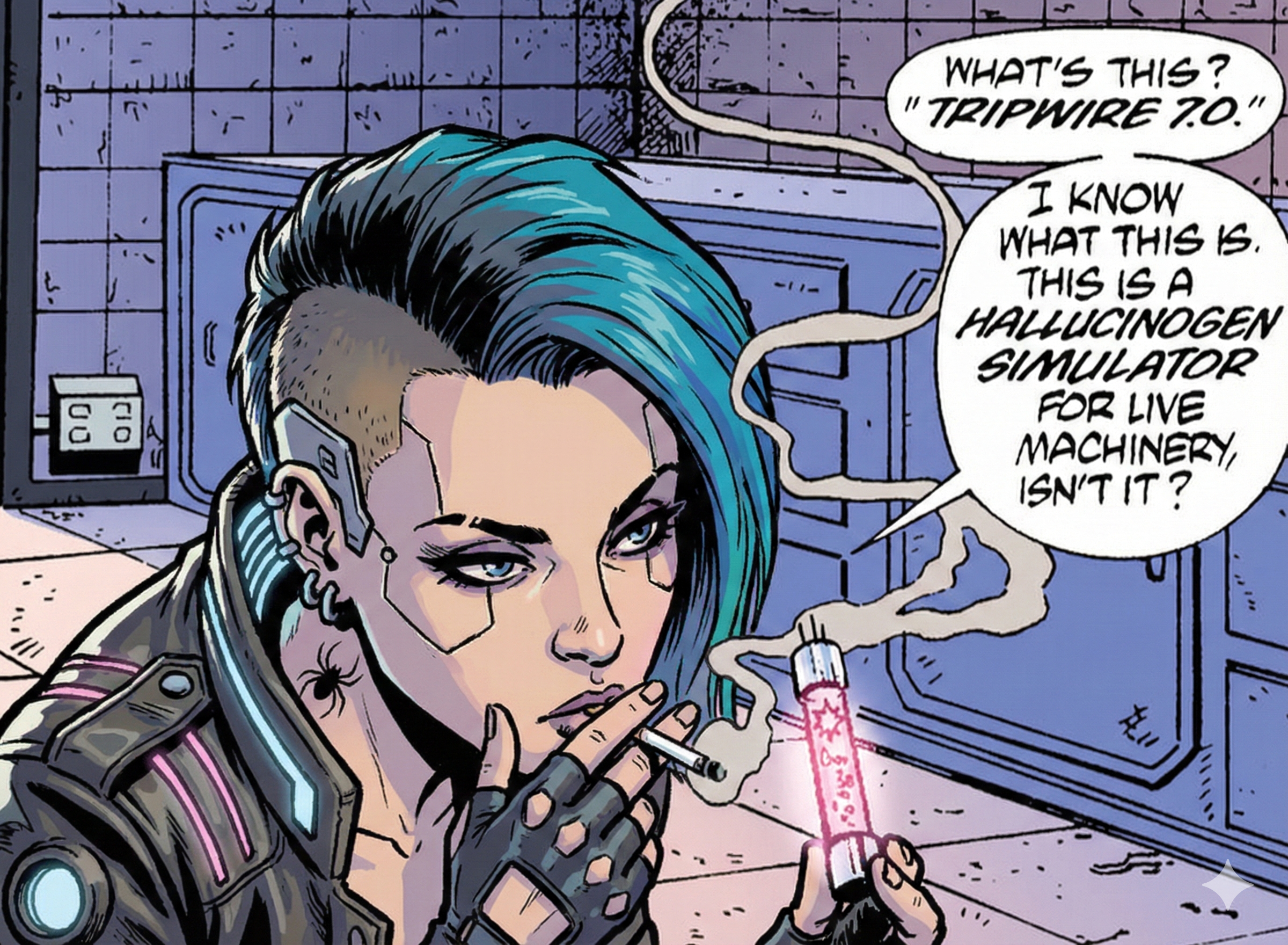 Image of Spider Jerusalem (transfemme hacker version, I literally told Gemini to rewrite the panel as if it had aged better) discovering her household appliances are on hallucinogen simulators