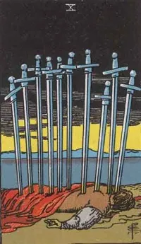 the tarot card the 10 of swords - it displays a man face down with 10 swords piercing his body - it is truly the card for fuck ups but still not nearly as bad as the tower 