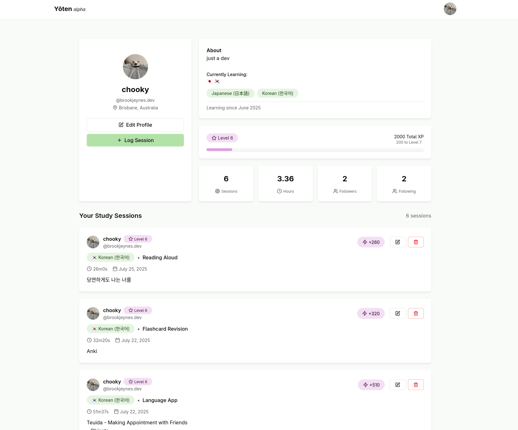 A user profile on Yōten showcasing learning statistics, the users level, and a feed of their logged study sessions.