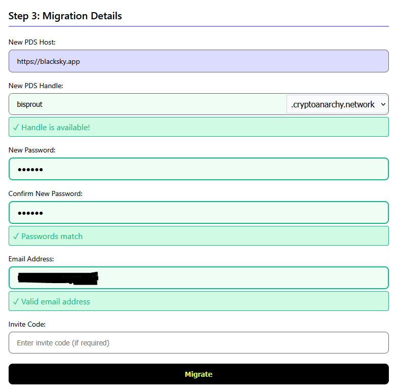 screenshot of tektite.cc step 3, showing the user putting in their new PDS host as Blacksky, putting in their new handle, password and email address.