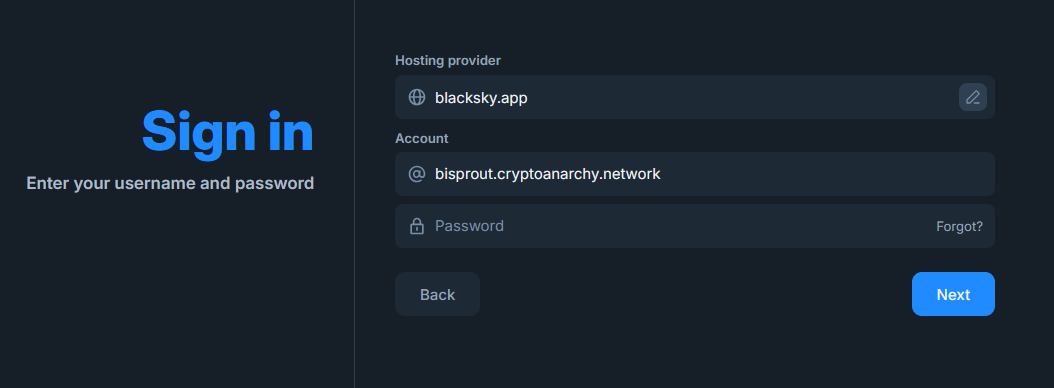bluesky login screen with hosting provider changed to blacksky.app