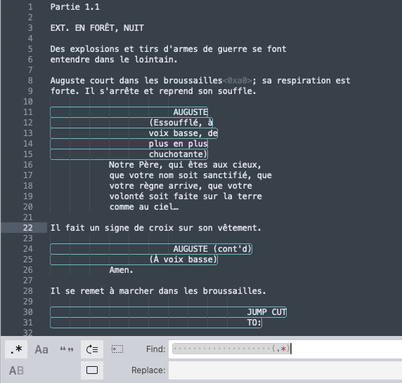 Application d'une expression régulière pour enlever les noms des personnages, les didascalies, etc.