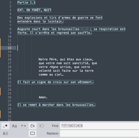 Application d'une expression régulière pour enlever les indications scéniques.