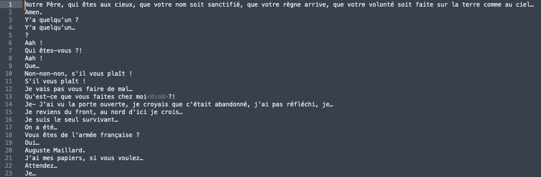 Extrait des dialogue, avec une phrase par ligne.