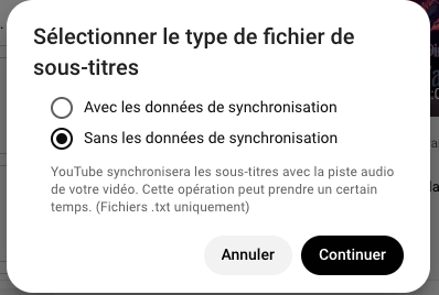 Capture d'écran de l'interface d'upload de sous-titres sur YouTube.