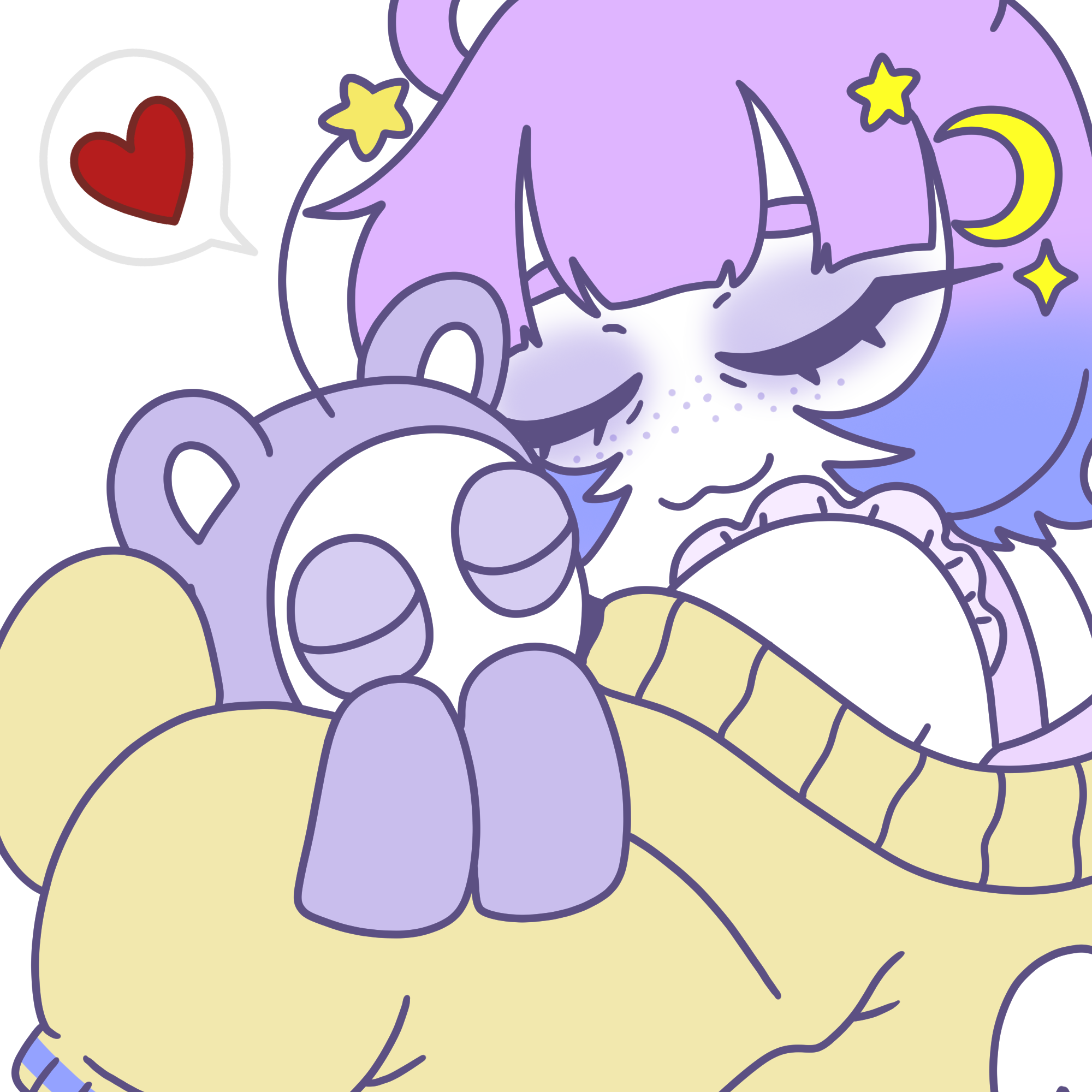 An image of Mina hugging her lilac alien bear mascot, Mina has lilac to blue short hair with bear ears, white skin, lilac freckles, starry and moon hair clips and an oversized yellow cardigan off the shoulder.
