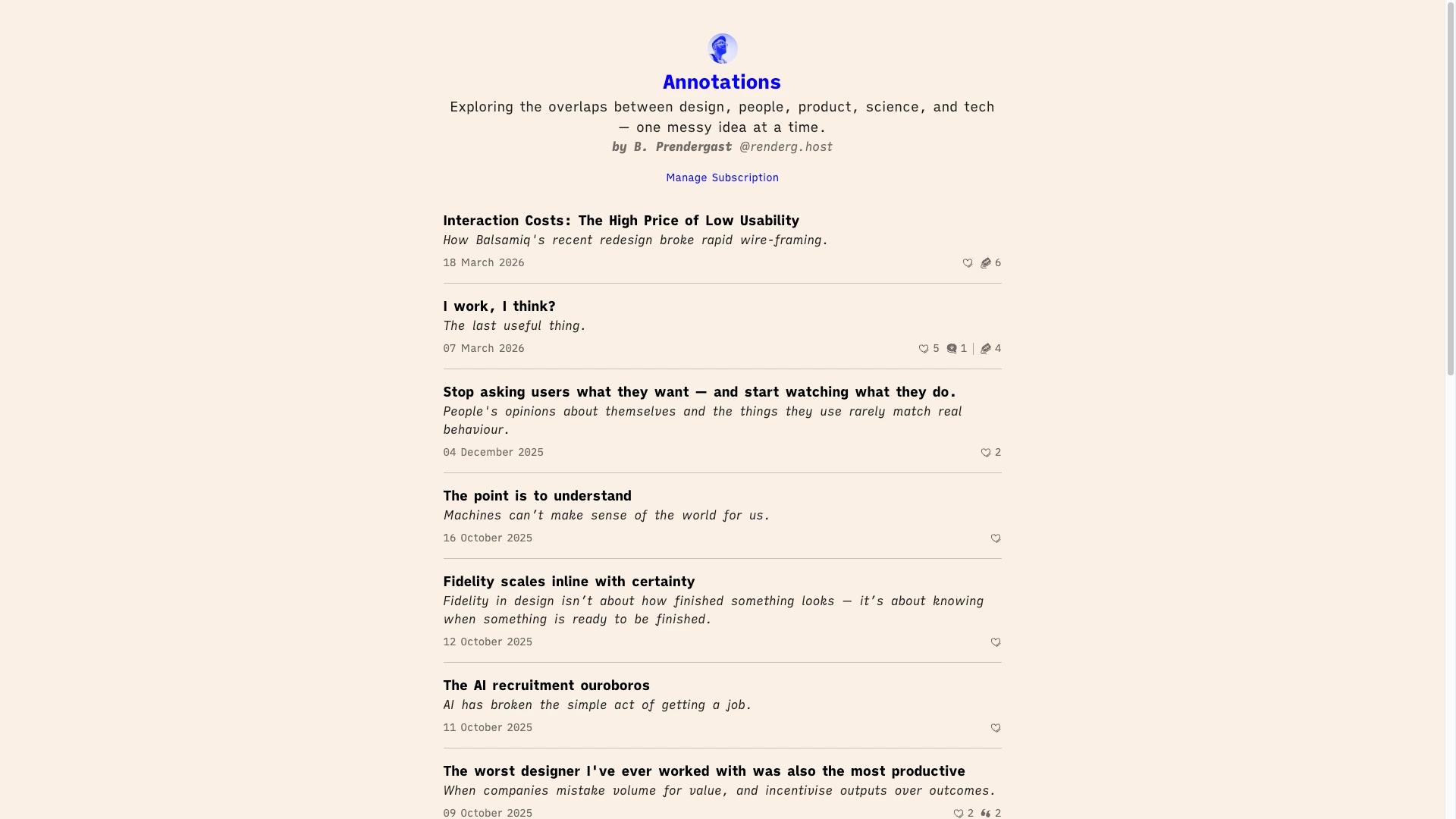 A screenshot of my Leaflet publication called "Annotations" with a selection of posts.