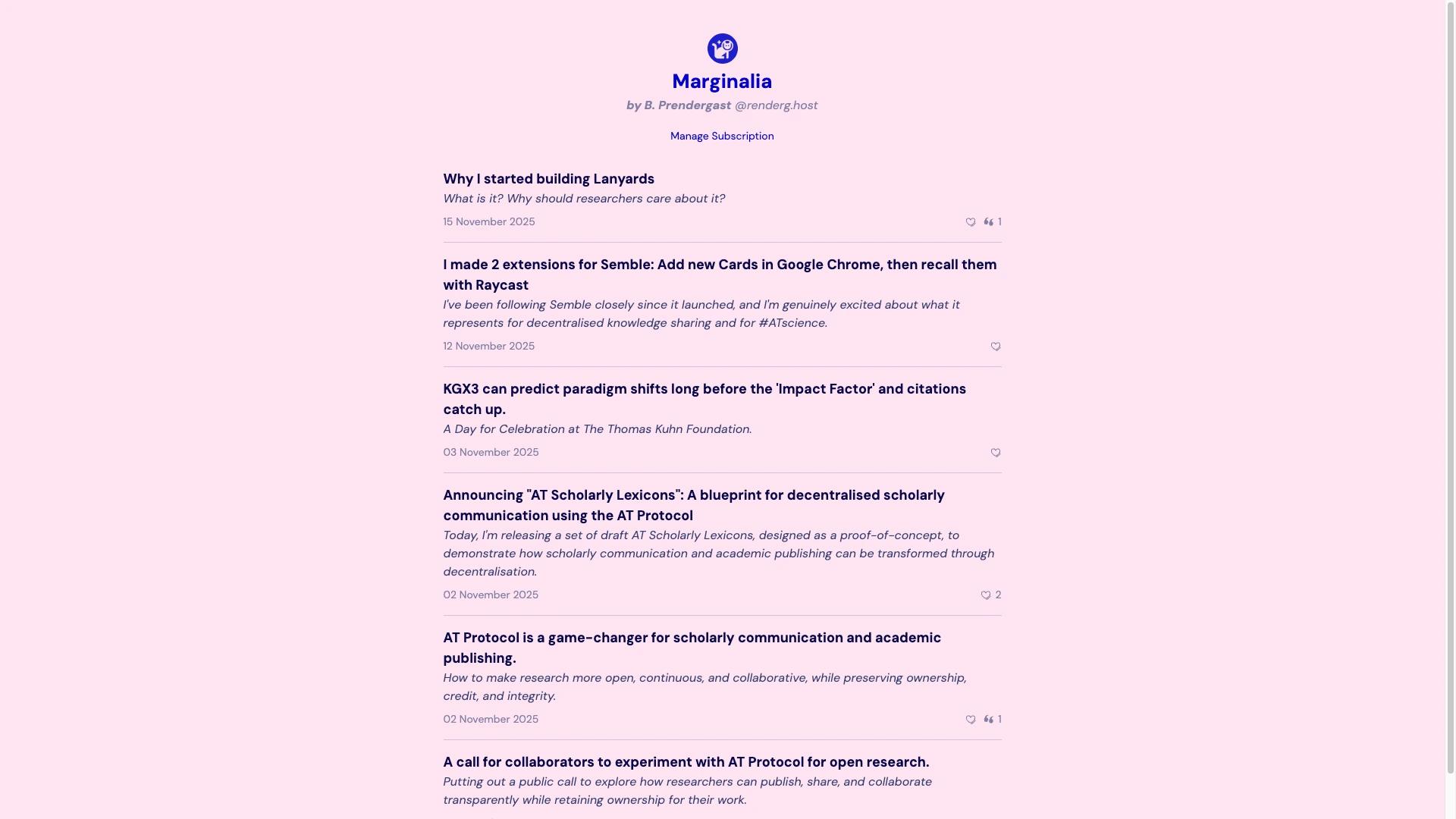 A screenshot of my Leaflet publication called "Marginalia" with a selection of posts.