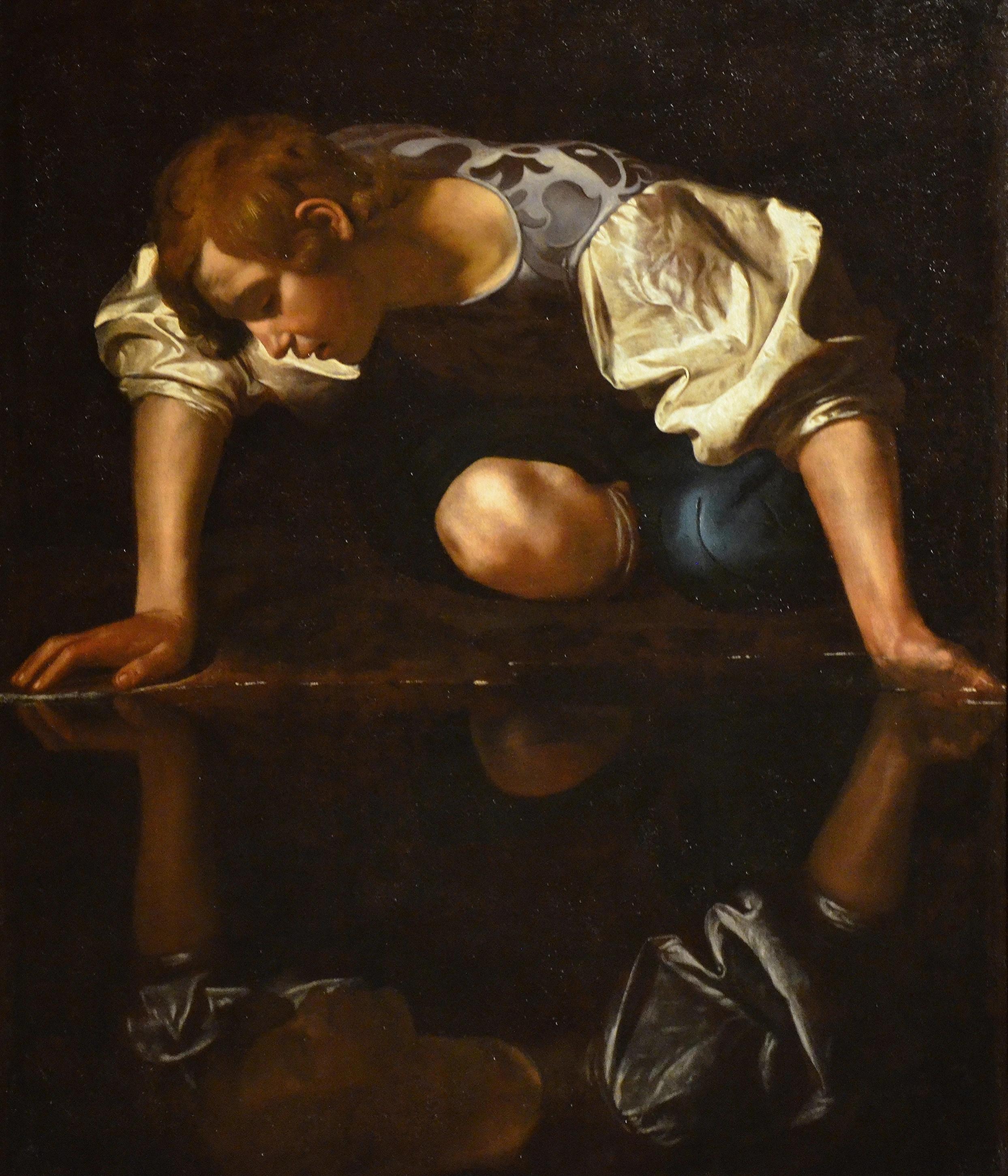 Narcissus at the Source (c.1597-1599). Oil and chiaroscuro on canvas, 110 x 92 cm (43.3 x 36.2 in). Galleria Nazionale d'Arte Antica, Rome. Wikipedia