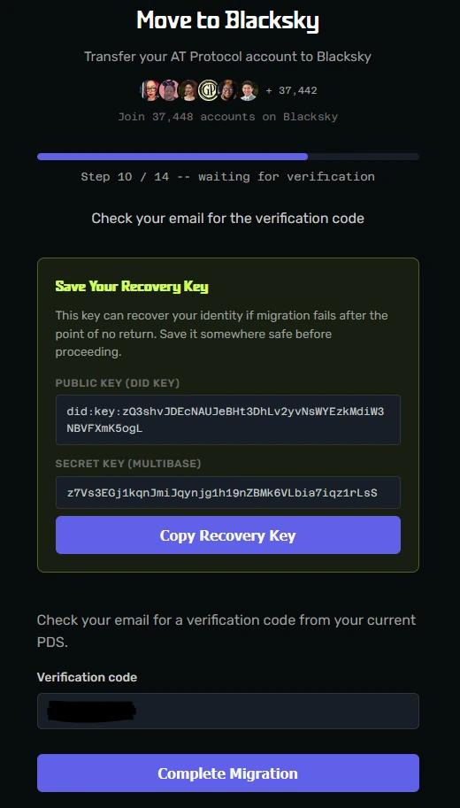 Screenshot of step 10 of 14, waiting for verification. It provides a Recovery Key and asks for your verification code.