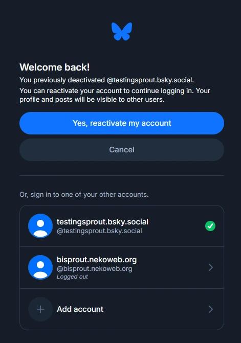 Screenshot of Bluesky login page. It says your account was deactivated and asks if you want to reactivate it or login to another account.