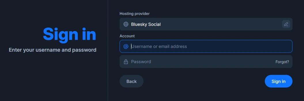 Screneshot of the Bluesky login page, asking for your hosting provider, account and password.