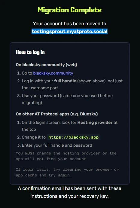Screenshot of the Migration Complete page. It includes instructions on how to login with your new handle.
